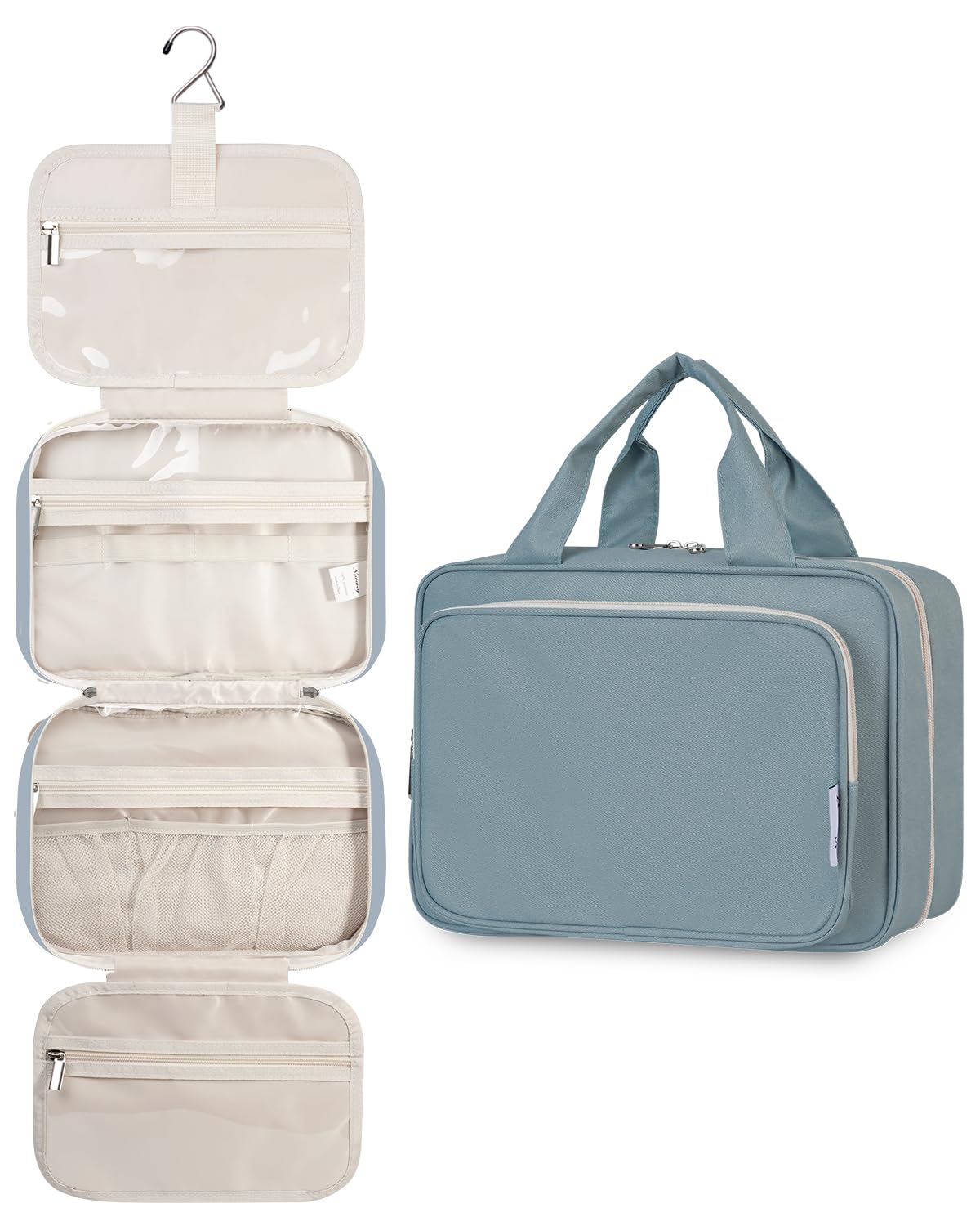 Narwey Hanging Toiletry Bag in greyish blue front view with compartments open