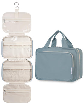 Narwey Hanging Toiletry Bag in greyish blue front view with compartments open