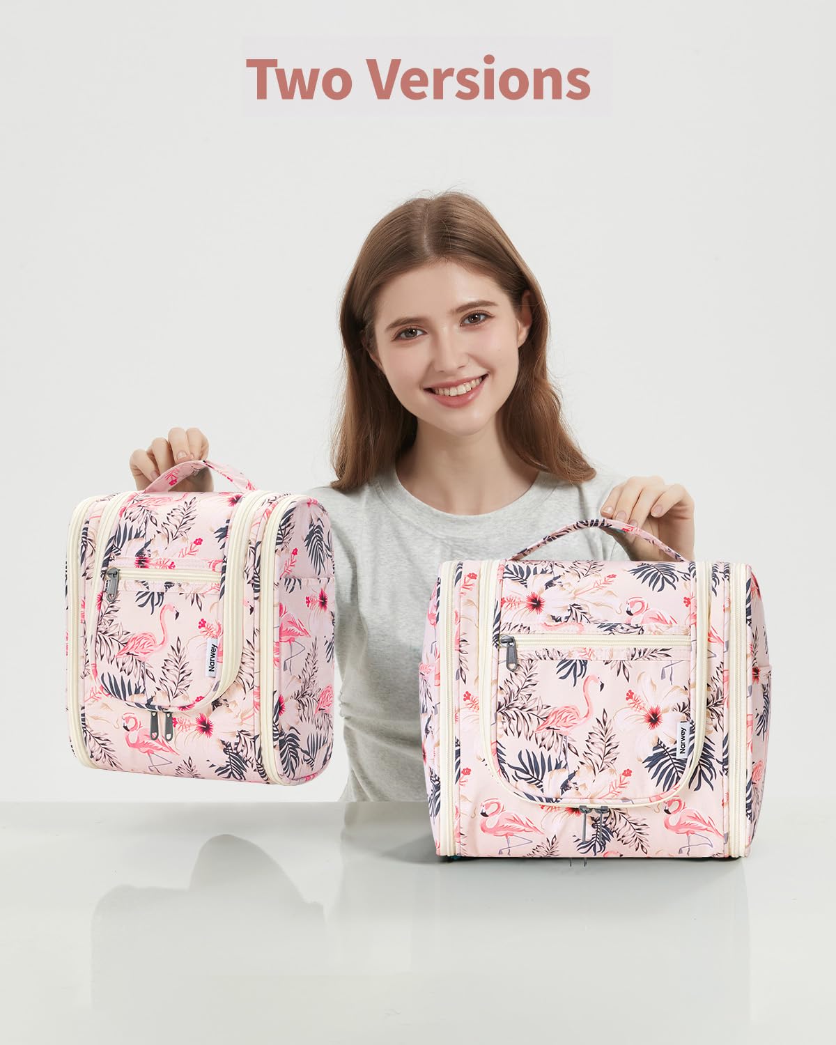 Narwey Hanging Toiletry Bag Large Beige Bird detailed view of zippers