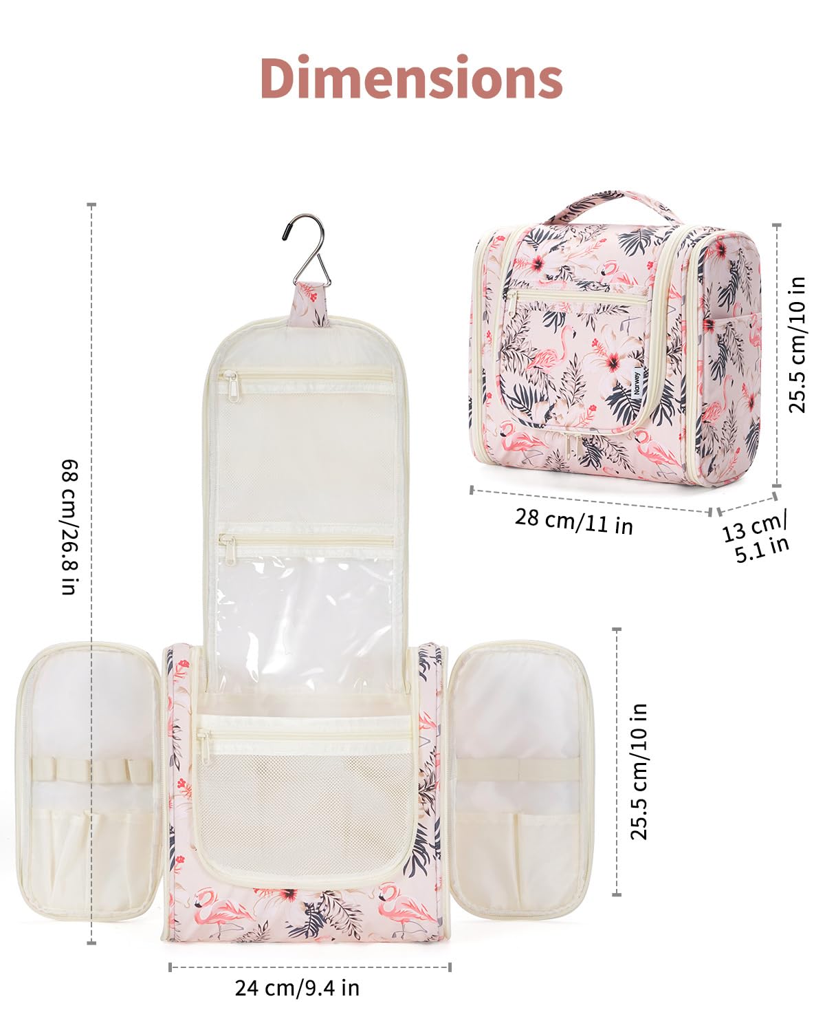 Narwey Hanging Toiletry Bag Large Beige Bird showing mesh pockets