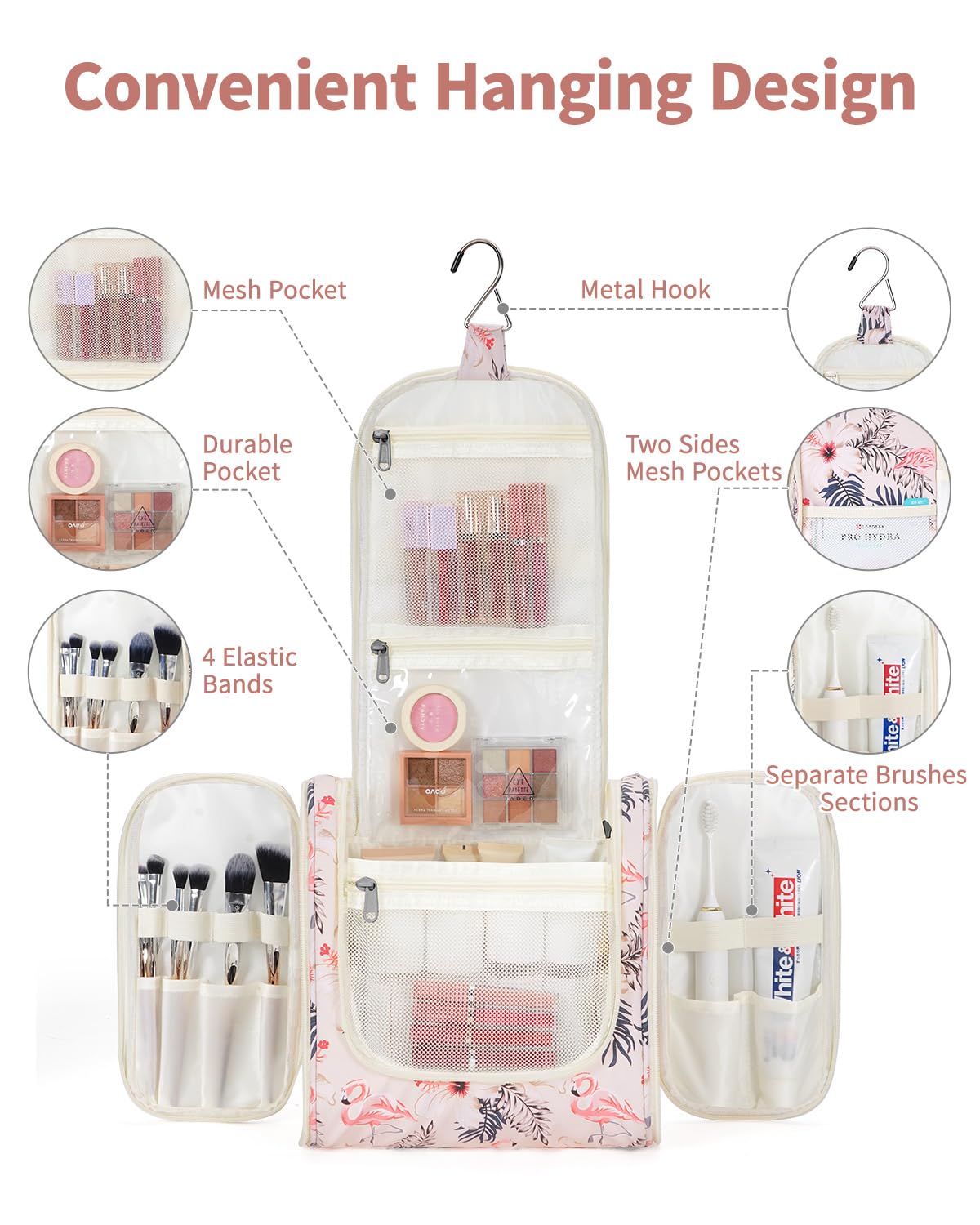 Narwey Hanging Toiletry Bag Large Beige Bird with open compartments