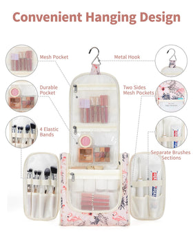 Narwey Hanging Toiletry Bag Large Beige Bird with open compartments