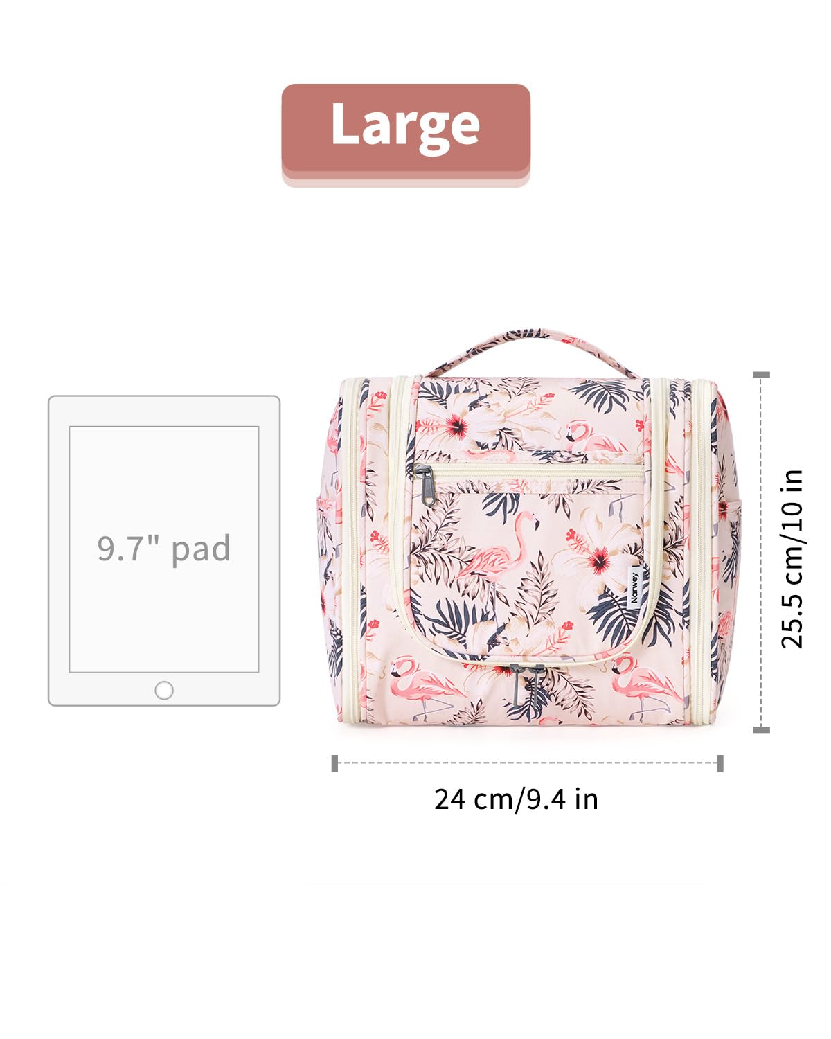 Narwey Hanging Toiletry Bag Large Beige Bird with toiletries inside