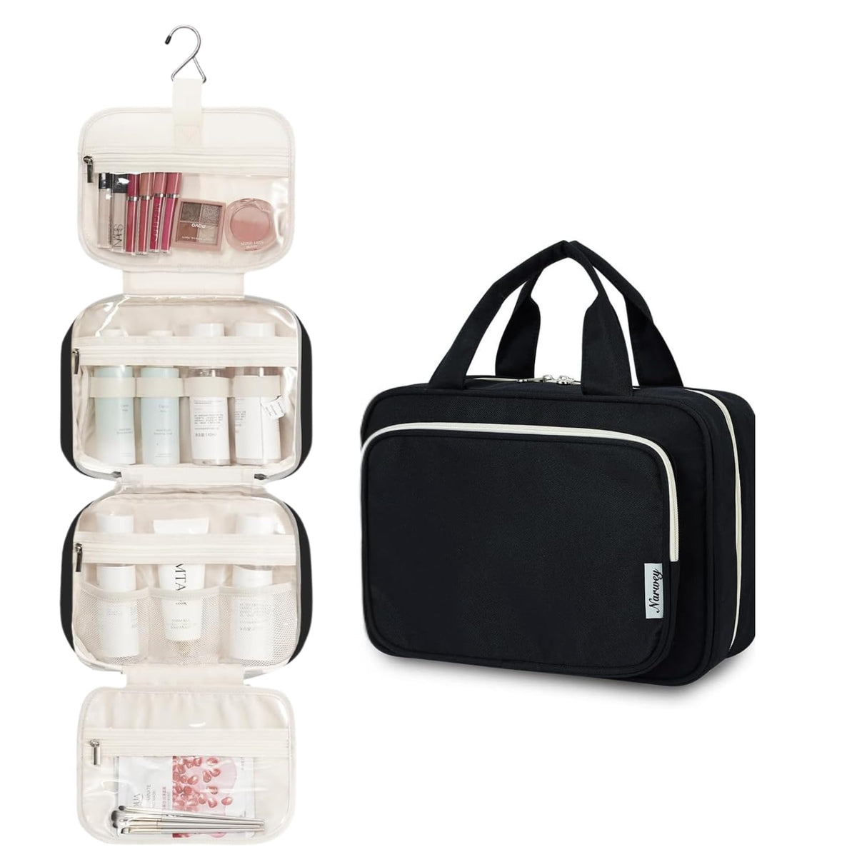 Narwey Hanging Toiletry Bag open showing compartments