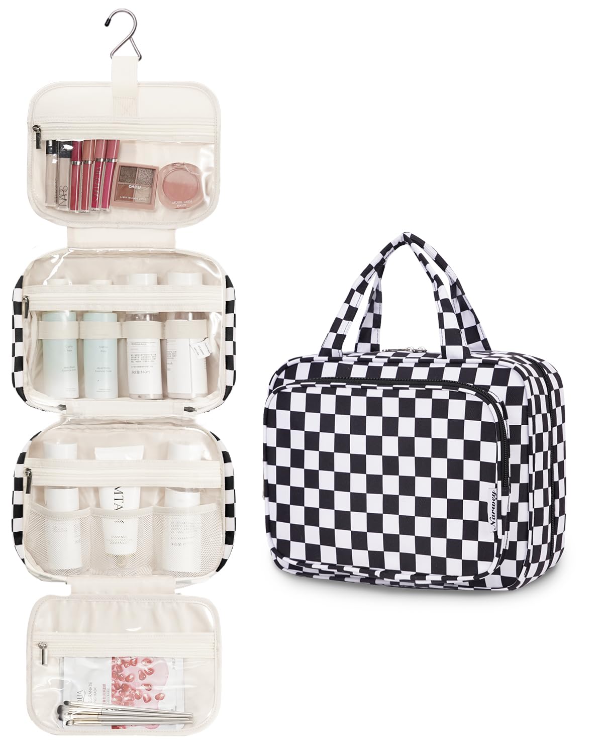 Narwey Hanging Toiletry Bag open showing multiple compartments