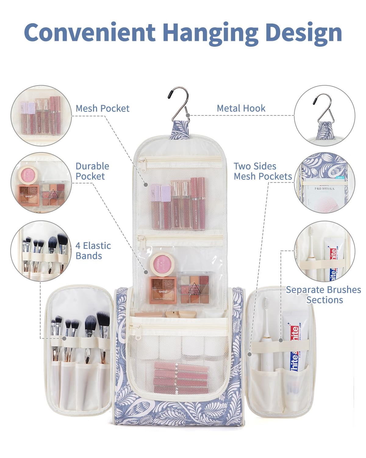 Narwey Hanging Toiletry Bag open showing multiple pockets