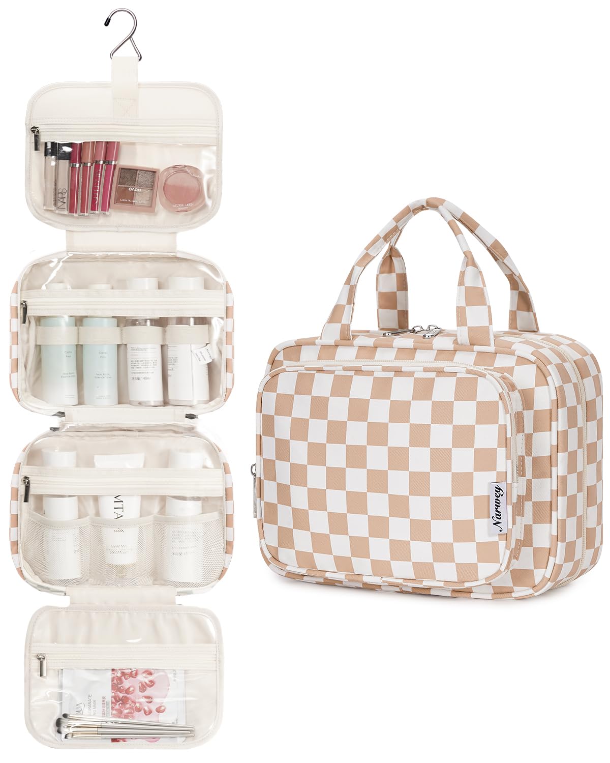 Narwey Hanging Toiletry Bag opened showing multiple compartments