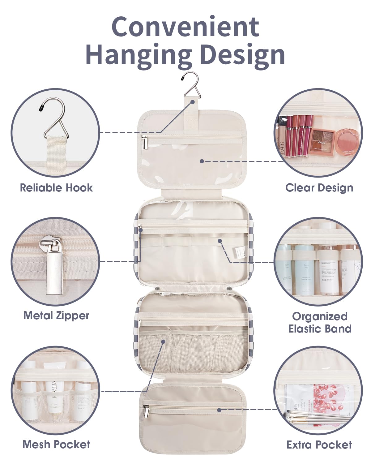 Narwey Hanging Toiletry Bag opened with toiletries inside