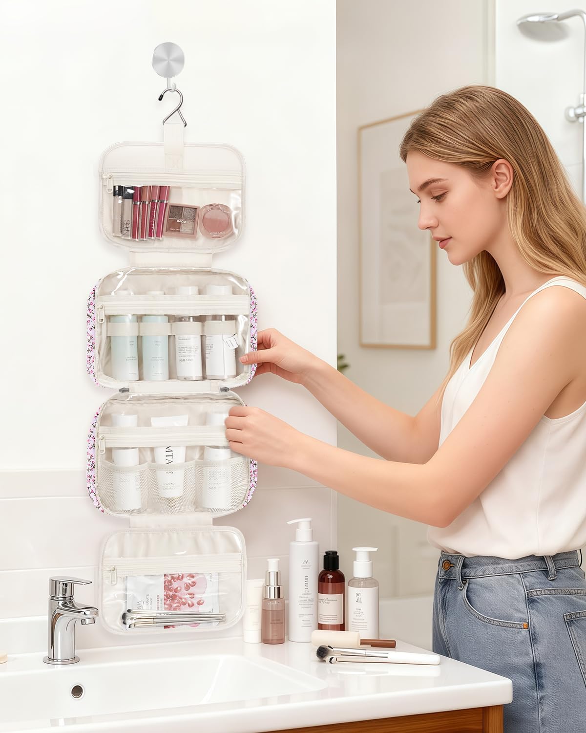 Narwey Hanging Toiletry Bag with cosmetics and toiletries displayed