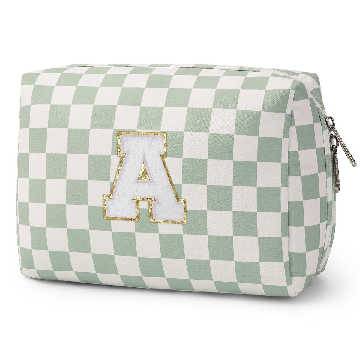 Narwey Initial Makeup Bag front view with personalized chenille letter