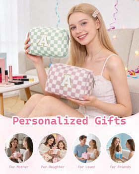 Narwey Initial Makeup Bag in a lifestyle setting with flowers