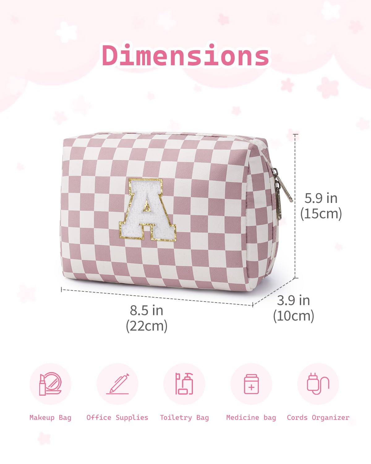 Narwey Initial Makeup Bag packed with cosmetics on a vanity