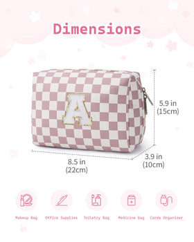 Narwey Initial Makeup Bag packed with cosmetics on a vanity