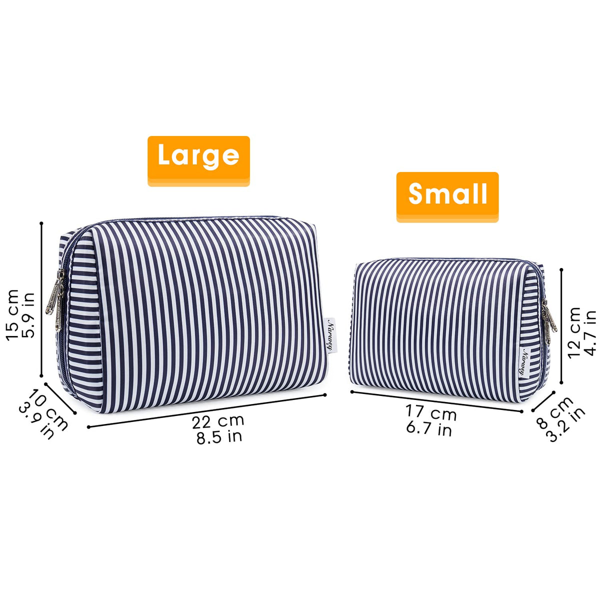 Narwey Large Makeup Bag Blue Stripe close-up of zippers