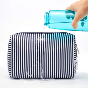 Narwey Large Makeup Bag Blue Stripe with makeup items inside
