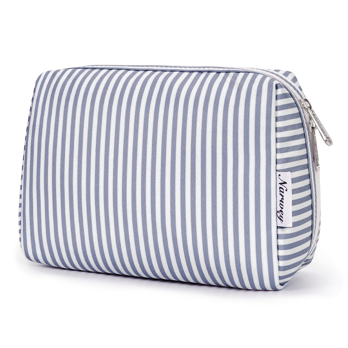 Narwey Large Striped Makeup Bag front view in greyish blue stripe
