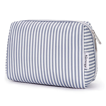 Narwey Large Striped Makeup Bag front view in greyish blue stripe