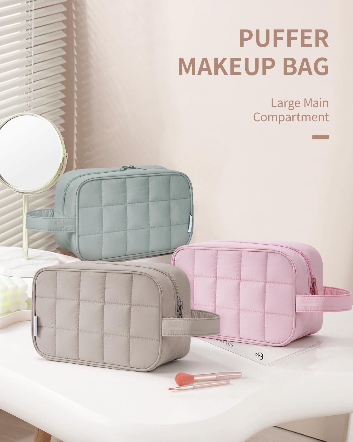 Narwey Quilted Makeup Bag lifestyle scene with travel items