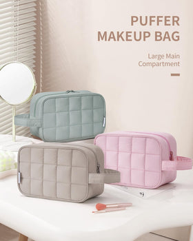 Narwey Quilted Makeup Bag lifestyle scene with travel items