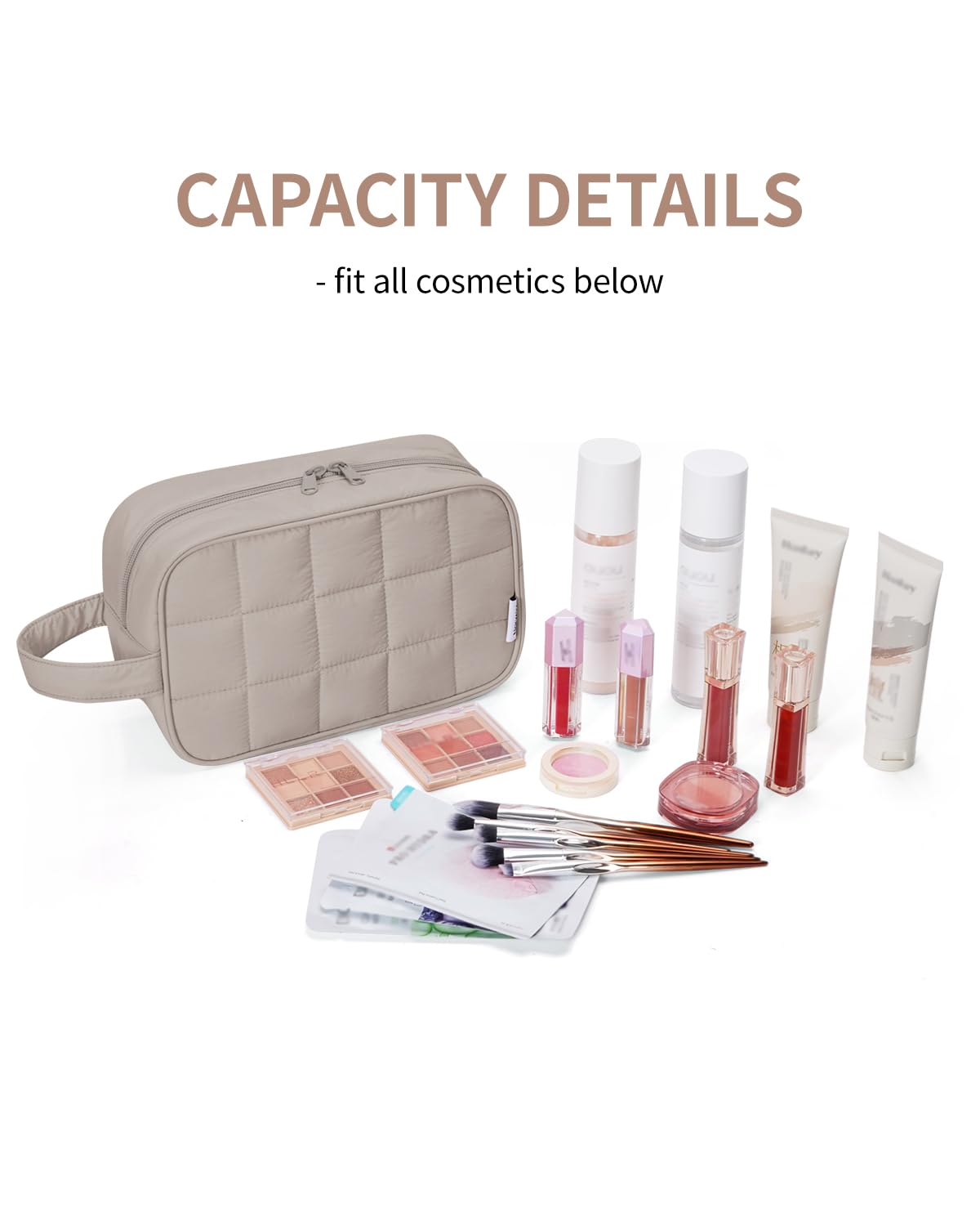 Narwey Quilted Makeup Bag open with toiletries inside