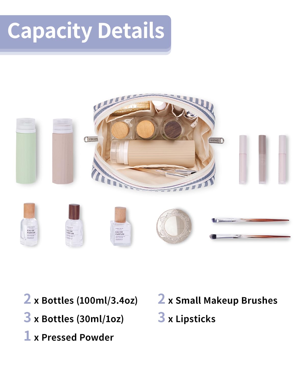 Narwey Small Striped Makeup Bag showing multiple compartments