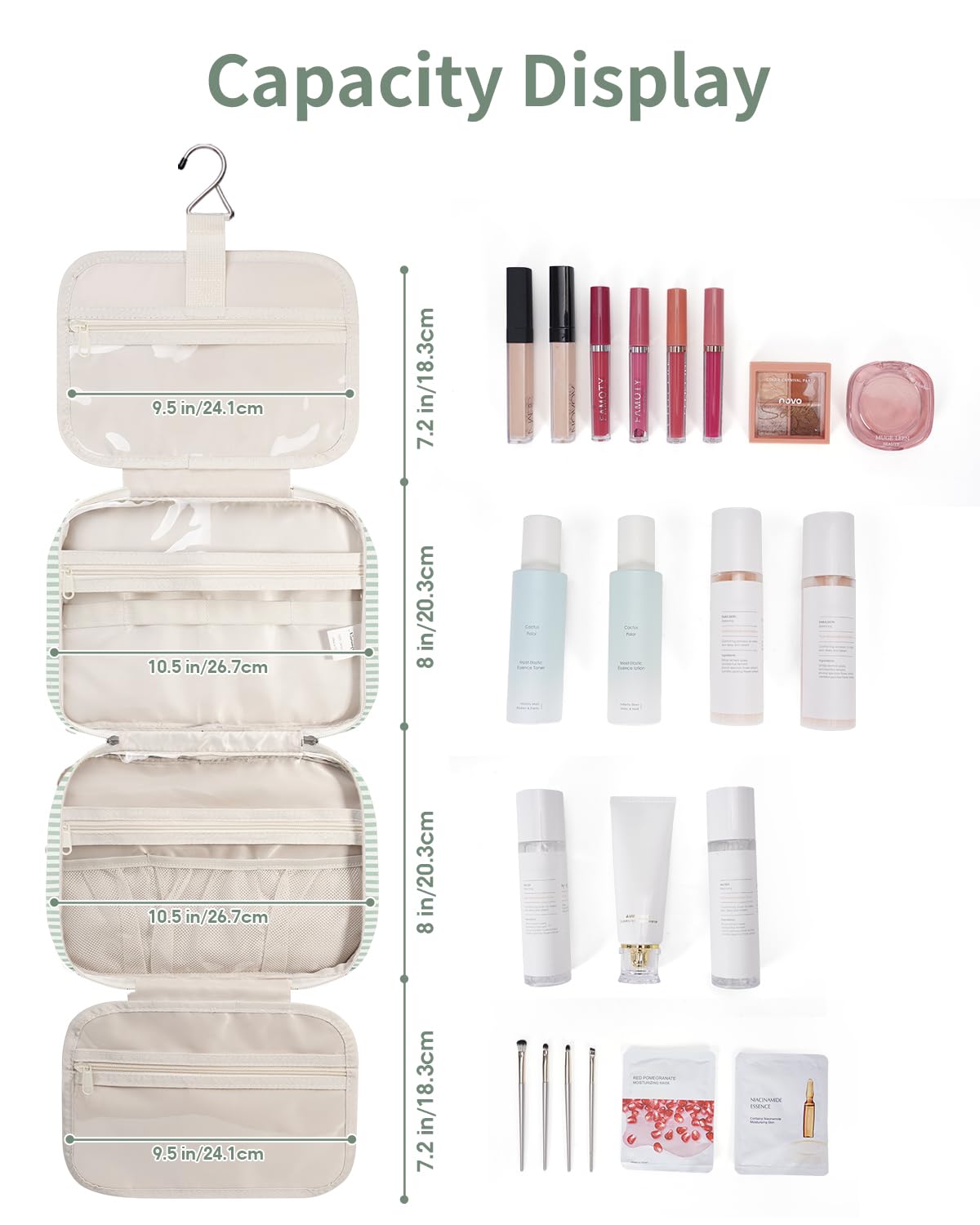 Narwey Striped Hanging Toiletry Bag filled with travel-size toiletries