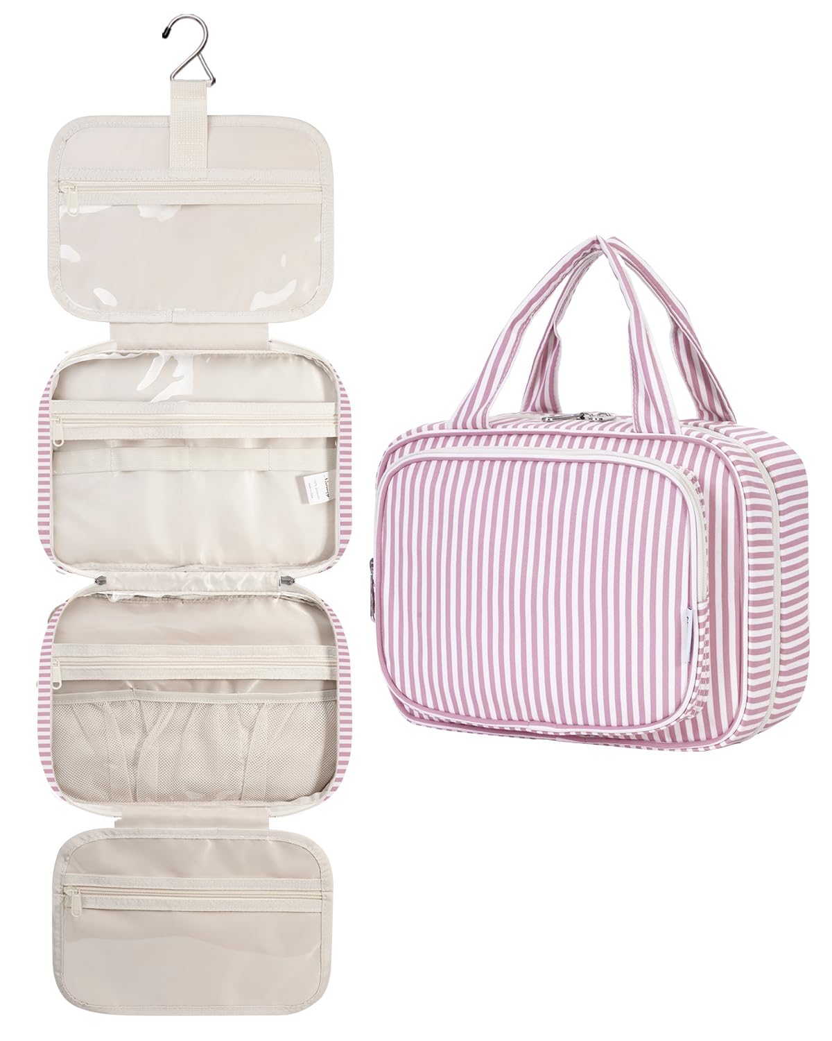 Narwey Striped Hanging Toiletry Bag in Dusty Pink Stripe front view