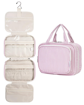 Narwey Striped Hanging Toiletry Bag in Dusty Pink Stripe front view