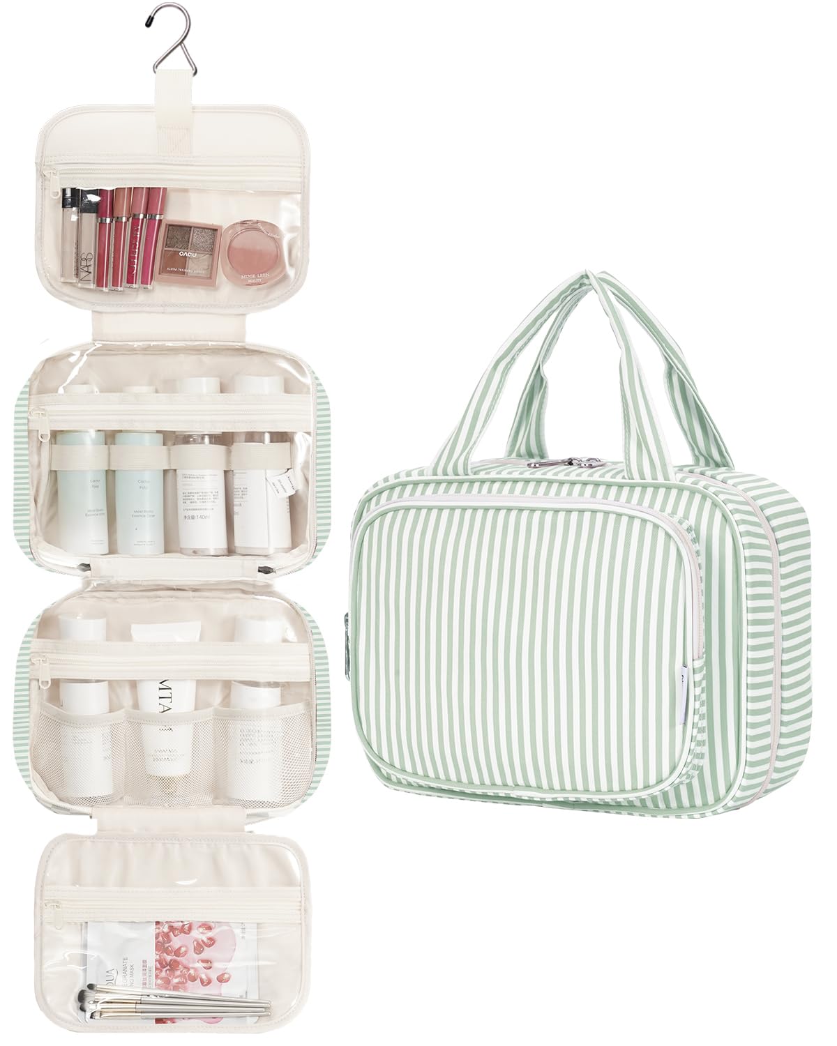 Narwey Striped Hanging Toiletry Bag open showing compartments