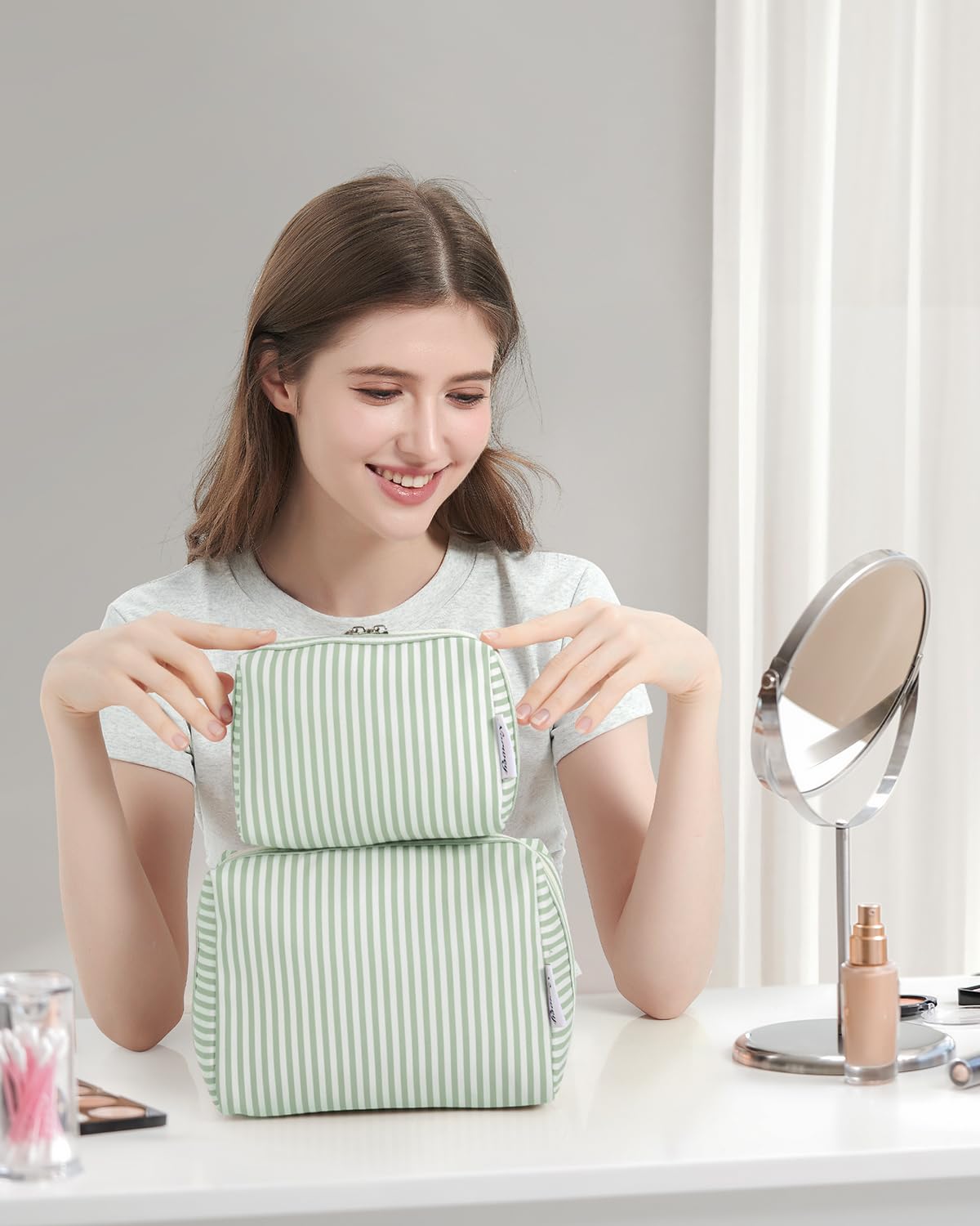 Narwey Striped Makeup Bag large mint green stripe lifestyle scene