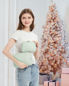 Narwey Striped Makeup Bag large mint green stripe open view