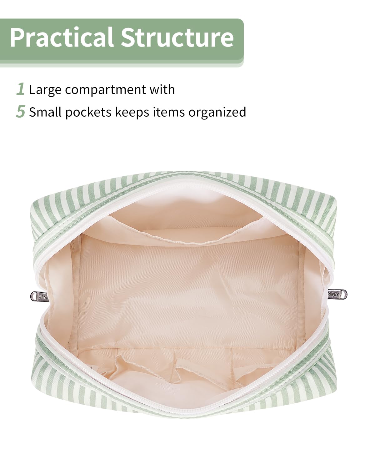 Narwey Striped Makeup Bag large mint green stripe with compartments