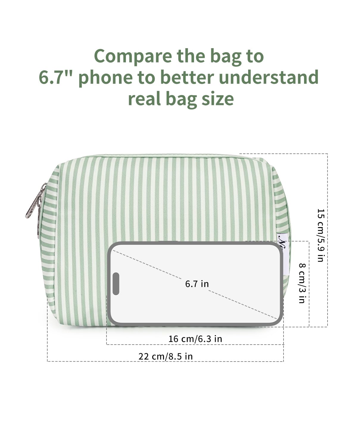 Narwey Striped Makeup Bag large mint green stripe with makeup products