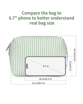 Narwey Striped Makeup Bag large mint green stripe with makeup products