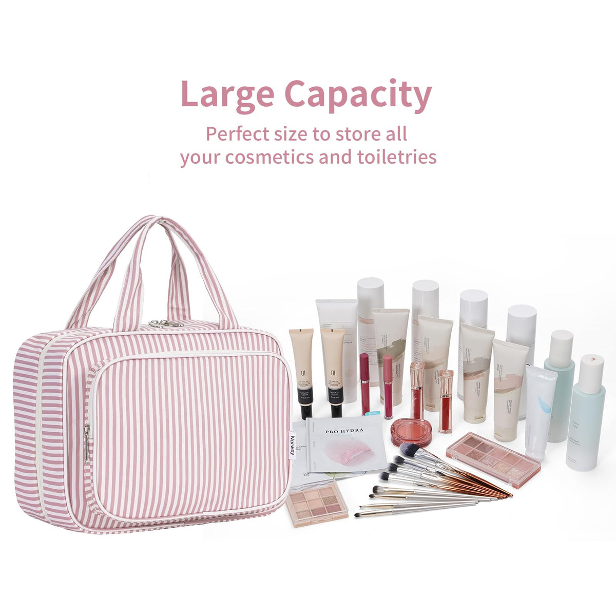 Narwey Striped Toiletry Bag compact size on a travel counter