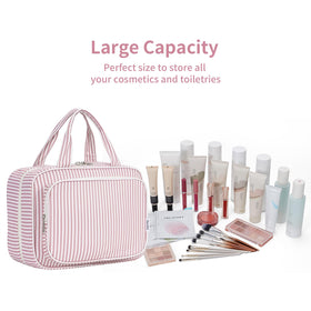 Narwey Striped Toiletry Bag compact size on a travel counter