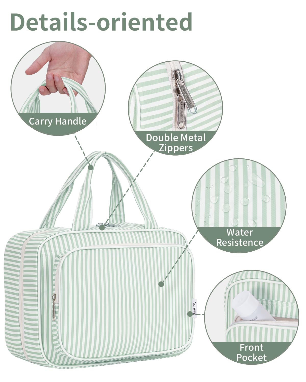 Narwey Striped Travel Toiletry Bag Mint Green on a bathroom counter