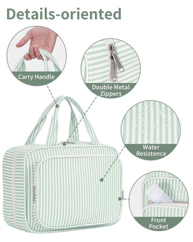 Narwey Striped Travel Toiletry Bag Mint Green on a bathroom counter