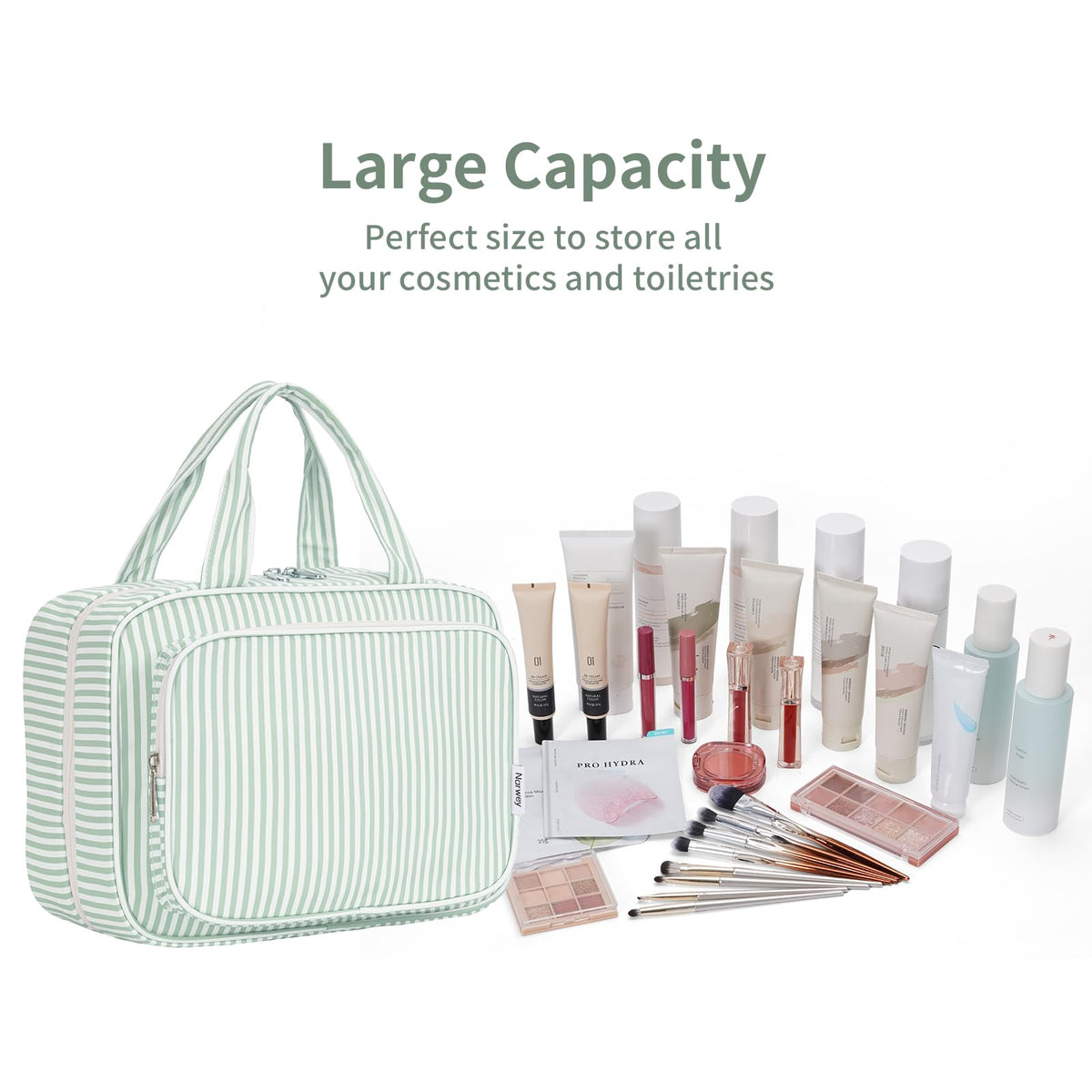 Narwey Striped Travel Toiletry Bag Mint Green padded fabric close-up