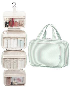 Narwey Striped Travel Toiletry Bag Mint Green with toiletries inside