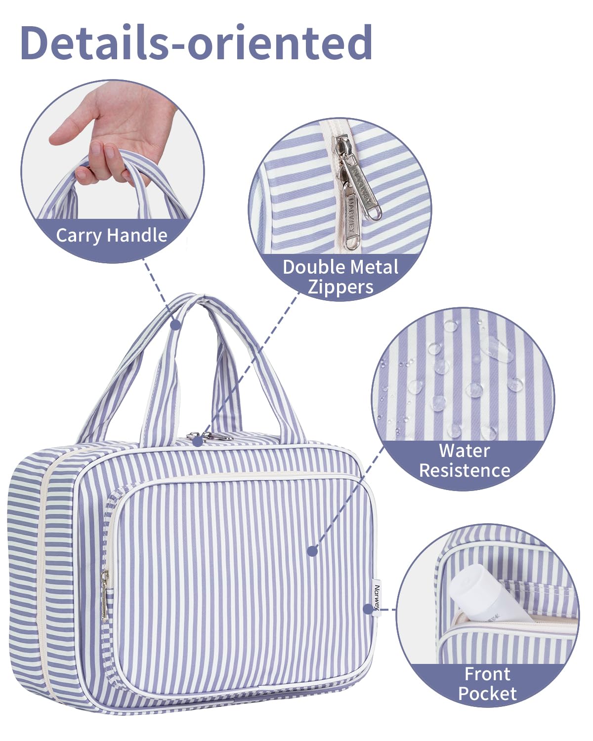 Narwey Striped Travel Toiletry Bag on a bathroom counter