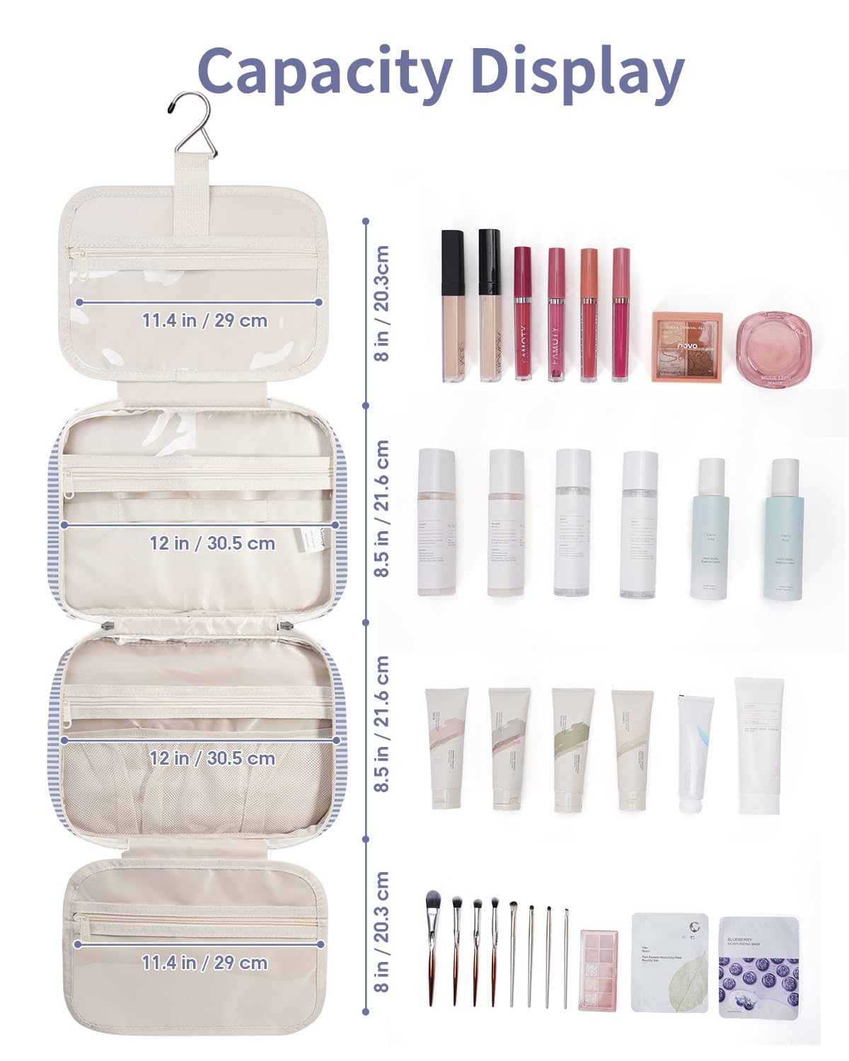 Narwey Striped Travel Toiletry Bag packed with full-size toiletries