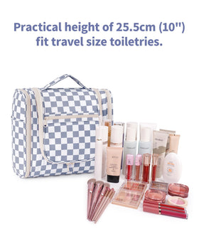 Narwey Toiletry Bag hanging from a hook displaying toiletries inside