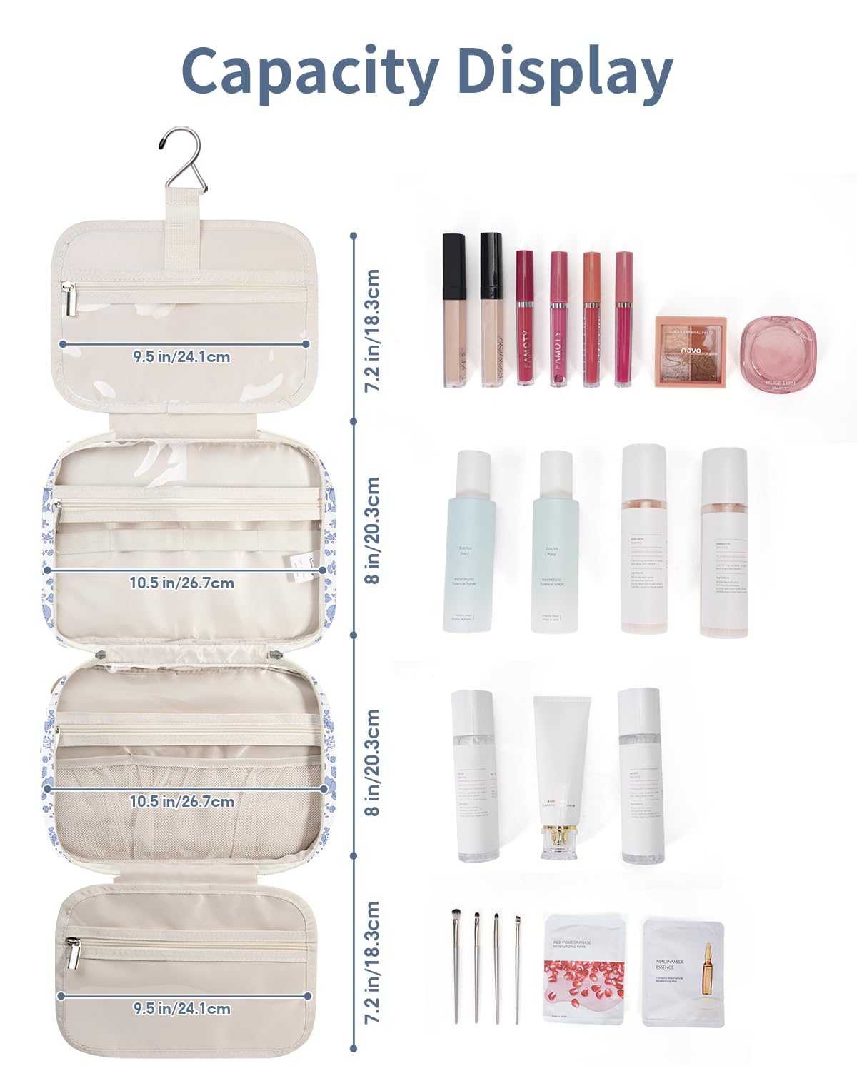 Narwey Toiletry Bag hanging from a towel rack with toiletries visible