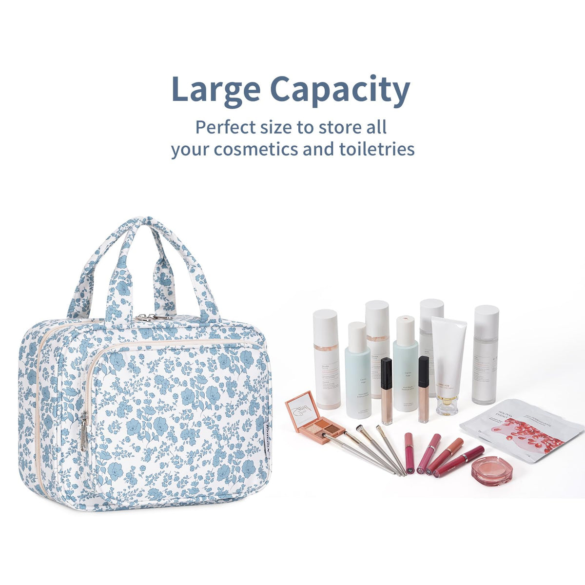 Narwey Toiletry Bag in a travel setting with cosmetic items