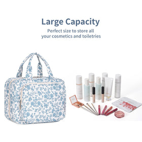 Narwey Toiletry Bag in a travel setting with cosmetic items