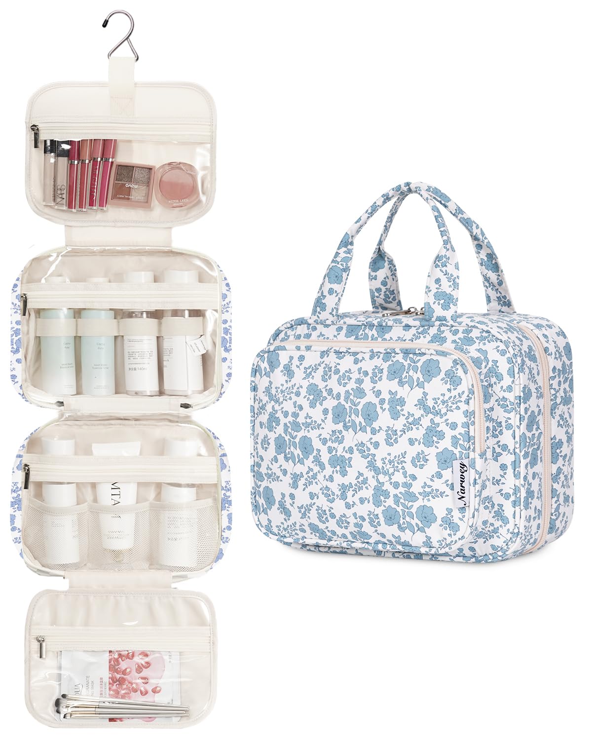Narwey Toiletry Bag open showing multiple compartments and mesh pockets