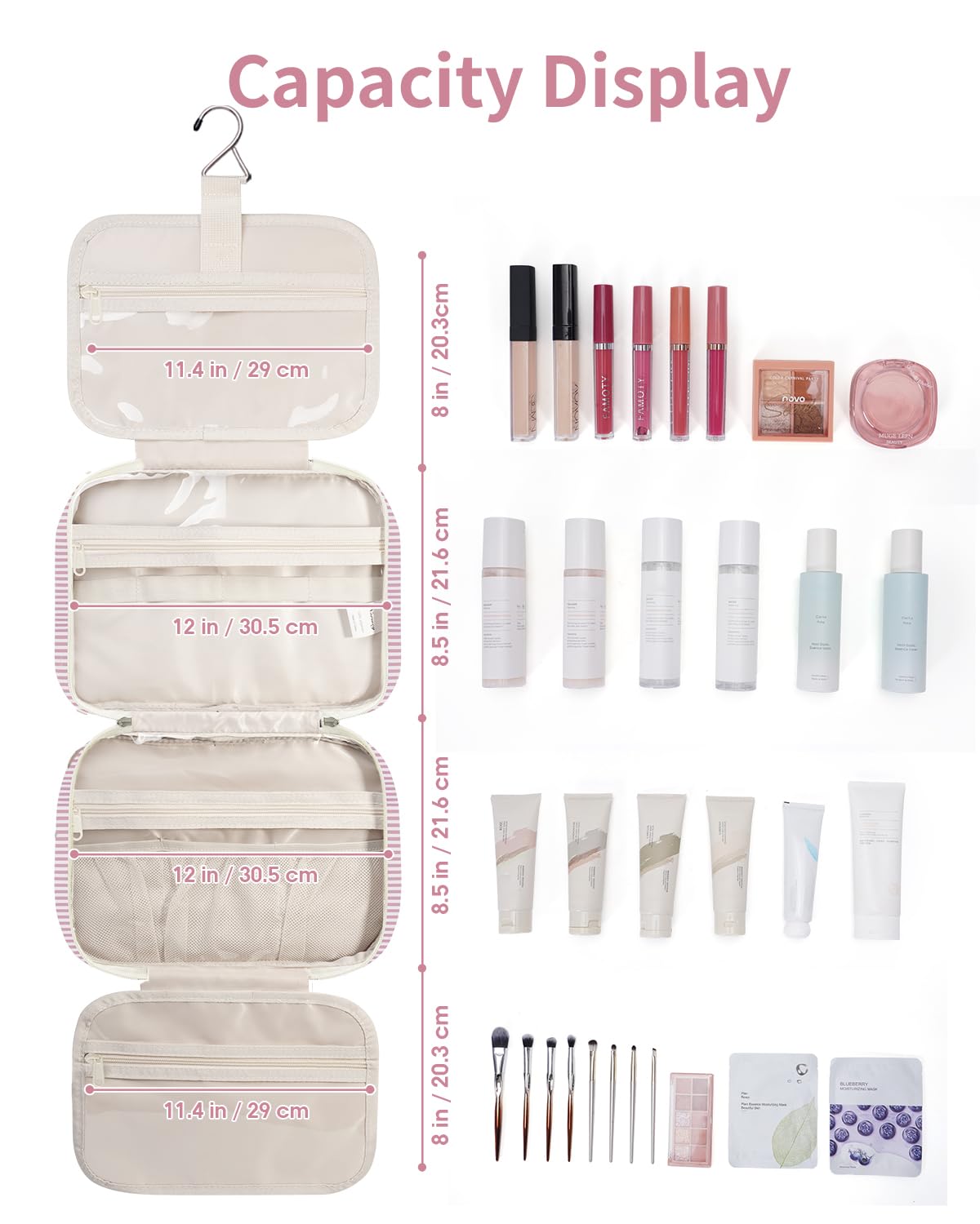 Narwey Toiletry Bag with full-size cosmetics and toiletries inside