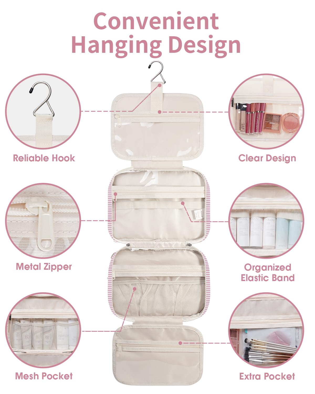 Narwey Toiletry Bag with mesh pockets shown inside