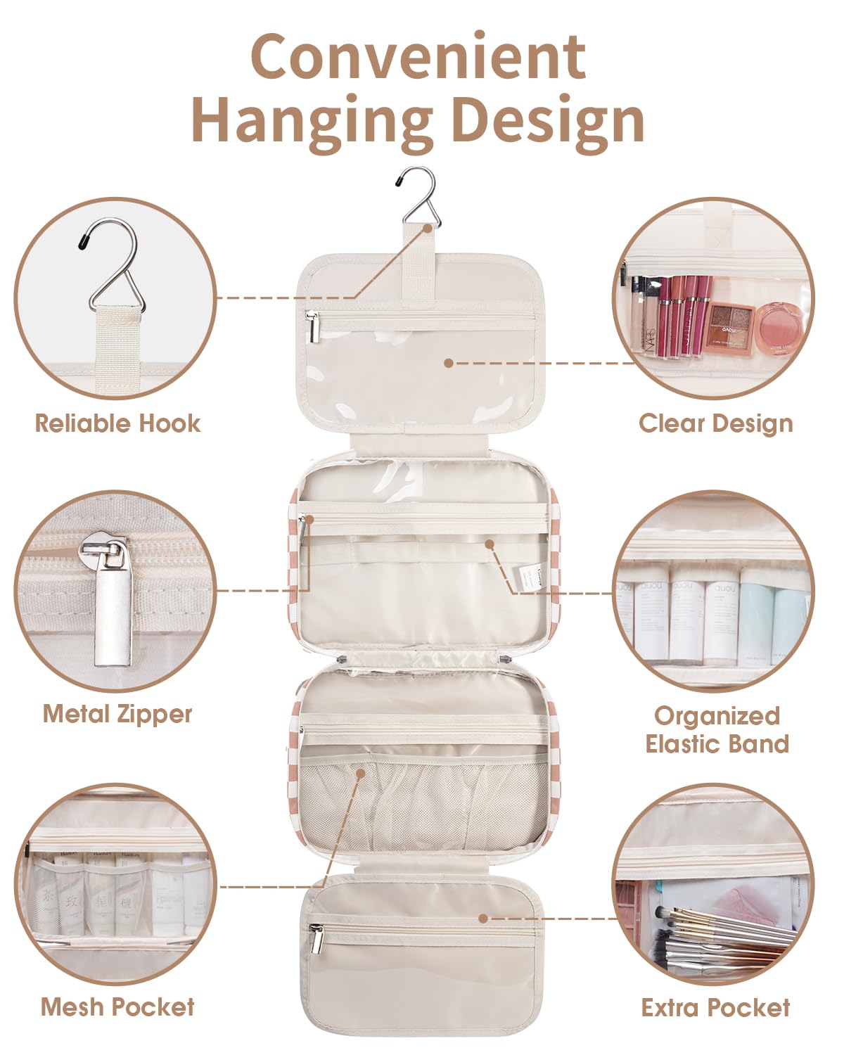 Narwey Travel Toiletry Bag displayed on a table with toiletries inside